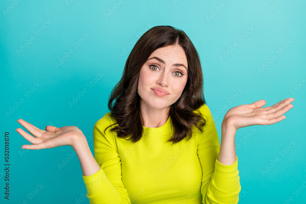 Closeup photo of young attractive pretty woman palms hands confused funny grimace look you isolated on cyan color background - obrazy, fototapety, plakaty 