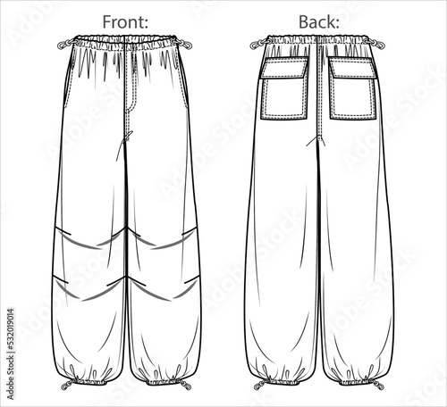Vector woman fleece jogger technical drawing, utility style pants with waistband and side pockets detail fashion CAD, template, sketch, flat. Woman cargo trousers with front, back view, white color