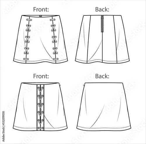 Vector mini skirt fashion CAD, woman skirt with eyelets detail sketch, template, flat, technical drawing. Jersey or woven fabric 2 pieces set of skirt with front, back view, white color