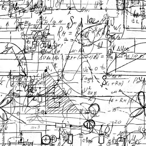 Scientific seamless texture with handwritten formulas and electronic components. Drawing of various graph solutions on white. Physics and schematic diagram and circuit of  the devices. Vector.