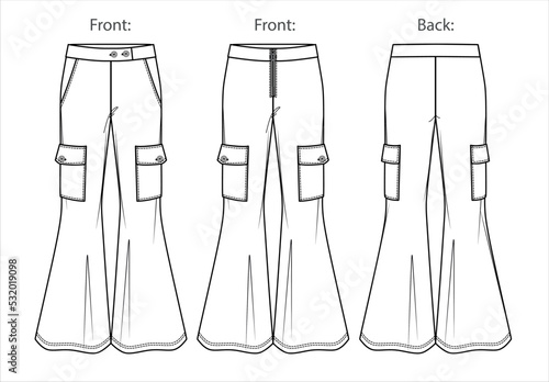 Vector cargo pants for girls fashion CAD, sketch template, basic woman flared trousers technical drawing, trendy leggings flat, mock up. Jersey or woven fabric pants, from and back view, white color