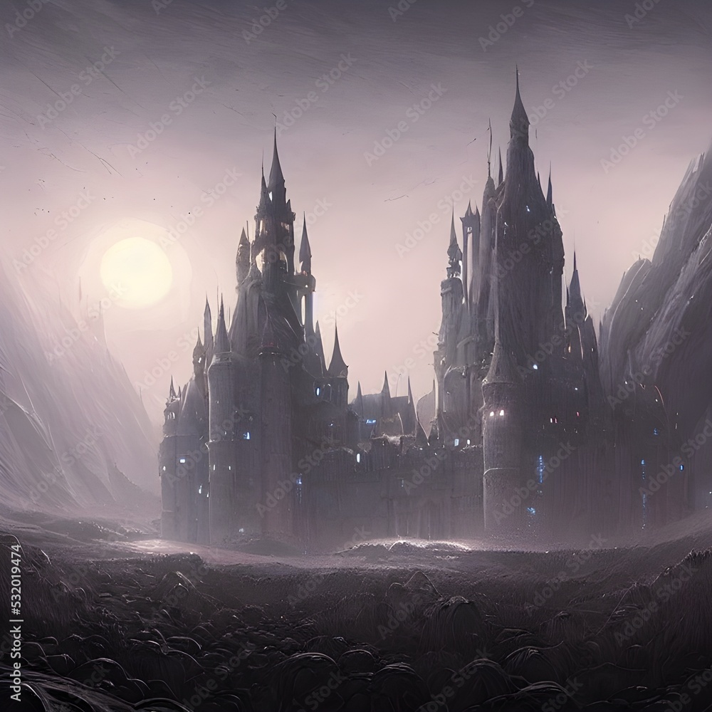 Fantasy Castle on another planet , drammatic lighting, illustration