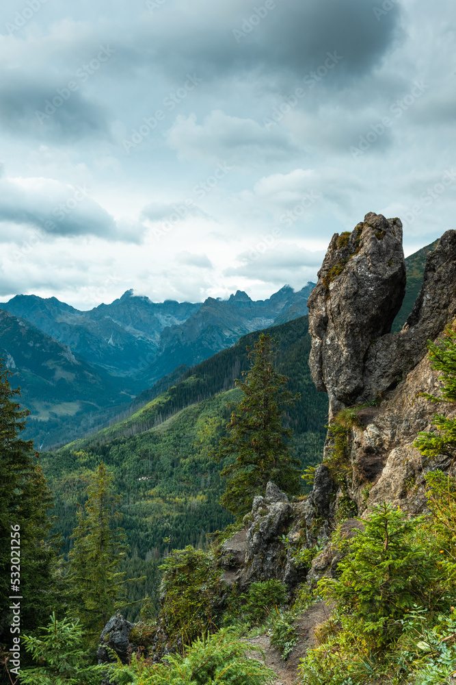 Tatra Mountains landscape with Gesia Szyja landmark, natural rock formation