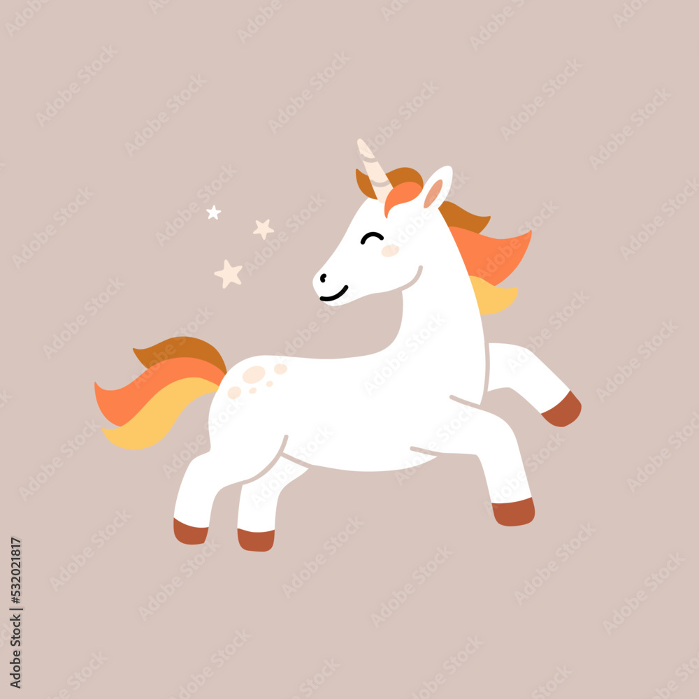 Cute Unicorn pony cartoon jump, Nursery decoration, vector character, Fairytale horse. Scandinavian simple style