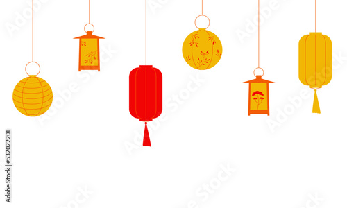 Set of lanterns isolated on a white background. Oriental Japanese lanterns with ornaments. Flat style. Vector.