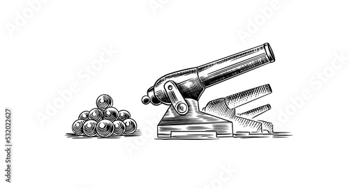 Antique cannon in vintage style. Large-caliber gun or artillery with explosive chemical propellant. Engraved hand drawn sketch for tattoo or print on t-shirt.