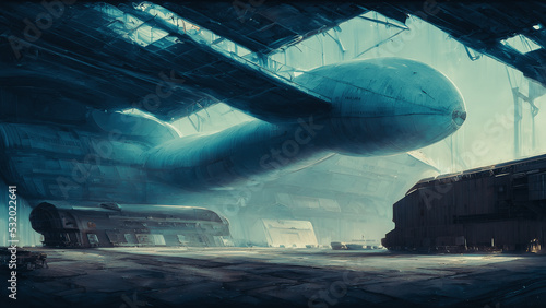 Artistic concept painting of a beautiful sci-fi spaceship in hangar. Tender and dreamy design, background illustration.