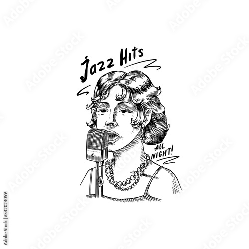 Woman jazz singer sings into a microphone. Hand drawn logo or badge. Sketch. Doodle vector illustration.
