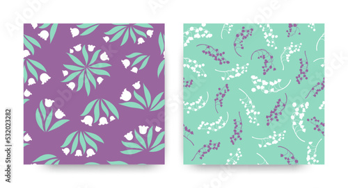 Floral Pattern Set. Seamless Lili of the Valley Textile Print. Elegant Blossom Illustration. Spring Floral Pattern. Vintage Leaves Decoration. Bunch of Convallaria Majalis. Spring Floral Pattern.