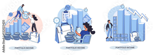 Investment portfolio income dollars currency, buy sell trading, market exchange value metaphor, businessman investor or trader balance portfolio with coins. Financiers analyzing stock market profit