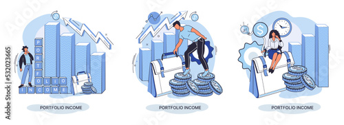 Investment portfolio income dollars currency, buy sell trading, market exchange value metaphor, businessman investor or trader balance portfolio with coins. Financiers analyzing stock market profit