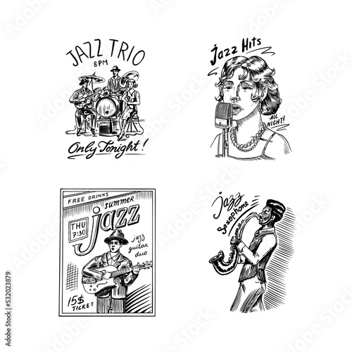 Woman jazz singer sings into a microphone Sketch. Afro American saxophonist. Male musician with a guitar in a hat on a poster. Hand drawn logo or badge. Doodle vector illustration.