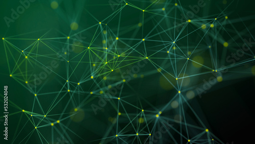 Visualization of big data. The concept of network connectivity . Abstract green background with lines and dots of different colors. 3D rendering.