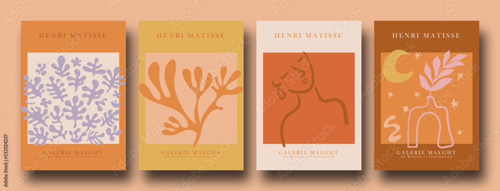 Naklejka premium Contemporary organic shapes posters. Abstract collage set Matisse inspired with scribbles curves. geometric minimalist algae silhouette composition.