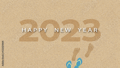 Happy new year 2023 text,footprint and sandal on brown sand beach background.Vector top view foot steps walking forward on sea sand, Banner concept for future or moving forward for businesss success