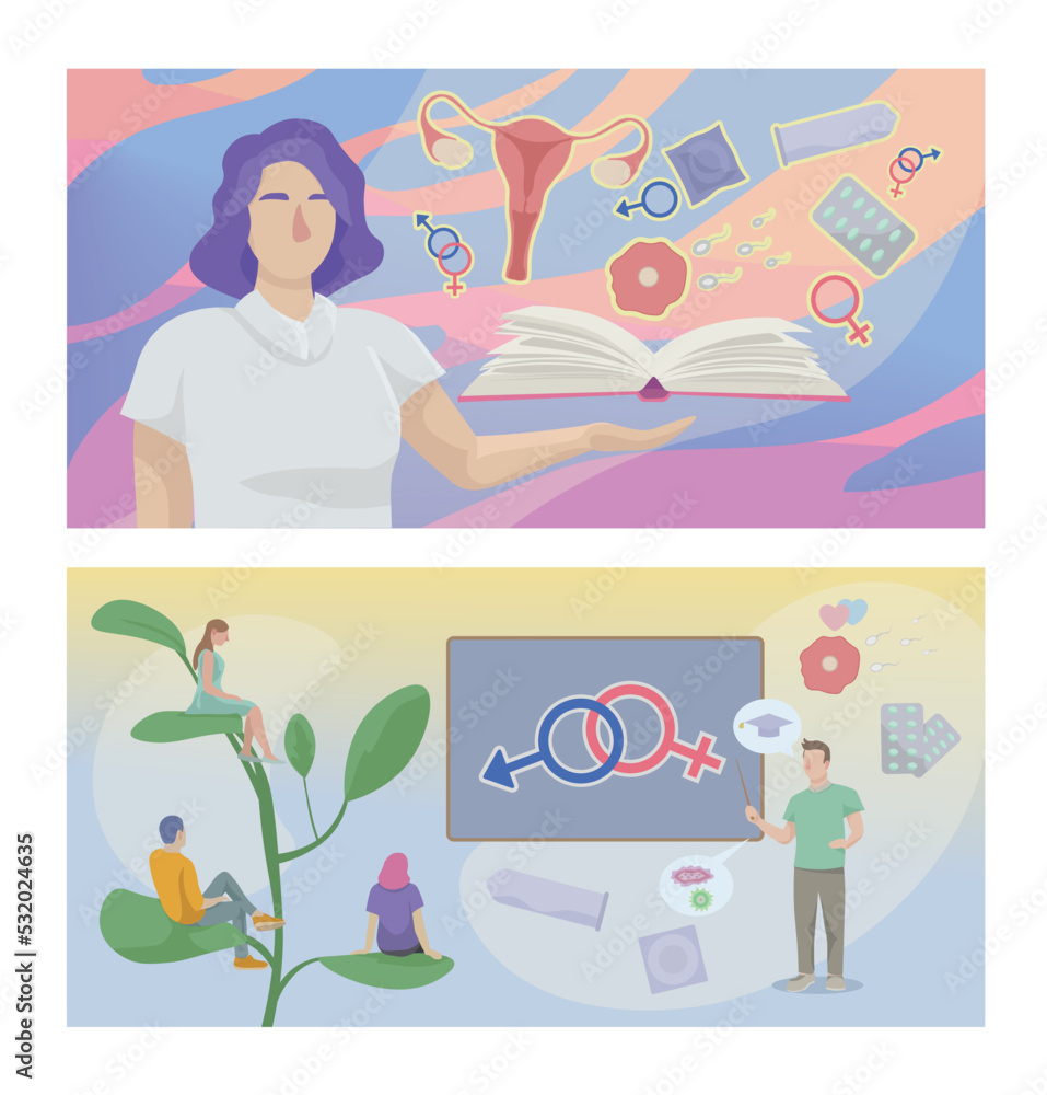 Banner with teachers and students on color background. Concept of sex education Banner with teachers and students on color background. Concept of sex education