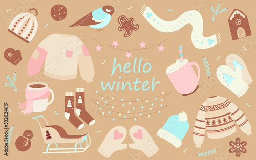 Winter nude collection of items. Hello winter set. Warm clothes, snowman. Can be used as icons or design elements.