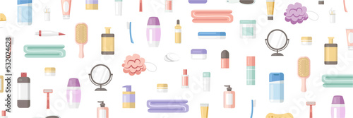 Set of bathing accessories and cosmetics on white background
