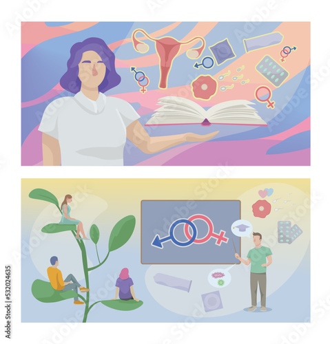 Banner with teachers and students on color background. Concept of sex education
