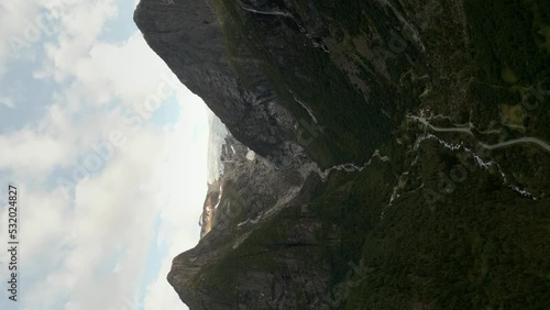 Vertorama aerial video Norway mountains vertical pov photo