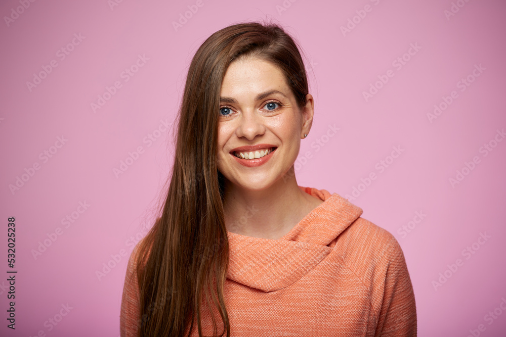 Close up female face with natural real skin. Isolated portrait on pink background beautiful woman looking at camera. Close up female face with natural real skin. Isolated portrait on pink background beautiful woman looking at camera.