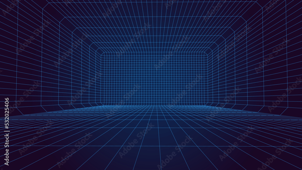 Perspective blue grid on a dark background. Futuristic vector illustration. Virtual reality framework. Background in the style of the 80s. Perspective blue grid on a dark background. Futuristic vector illustration. Virtual reality framework. Background in the style of the 80s.