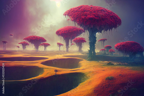 alien planet  landscape with strange trees,  digital art