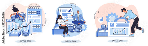 Capital gain, net income, monetary profit and growing graph up. Economic growth, income from investments. Metaphor of business success. Difference between purchase price of an asset and its sale price