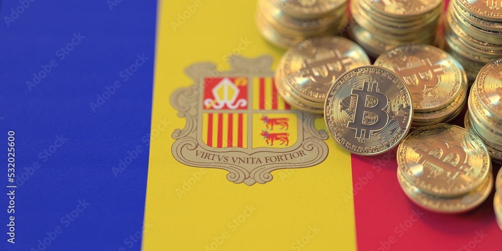 Many bitcoins and national flag of Andorra, cryptocurrency laws related conceptual 3d rendering