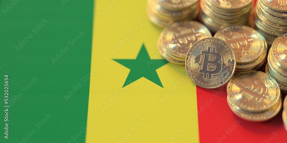 Many bitcoins and national flag of Senegal, cryptocurrency laws related conceptual 3d rendering