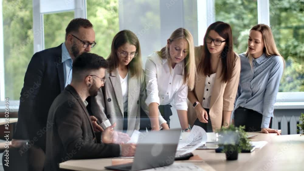 Architecture industrial designer team presentation blueprint project plan to boss at office desk Architecture industrial designer team presentation blueprint project plan to boss at office desk