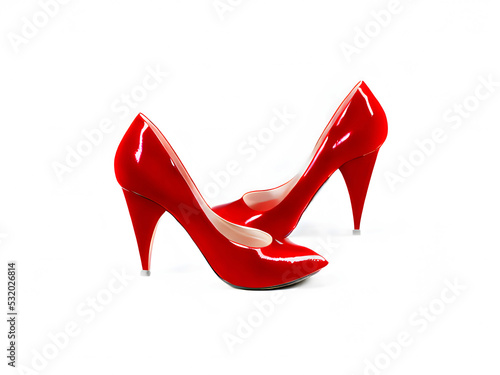 A pair of shiny red leather shoes, isolated on a white background, rendering. 
