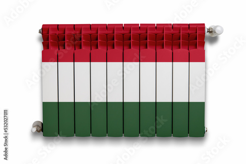 Heater with a regulator with a pattern of the flag of Hungary against a white wall