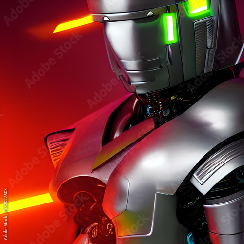 A high-tech cyberpunk robot stands in the middle of a room, its metallic body gleaming in the light. It has a sleek, futuristic design, and its red eyes seem to stare right through you. photo