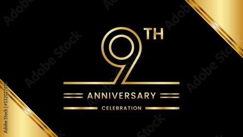 9th Anniversary Celebration with golden text, Golden anniversary vector template