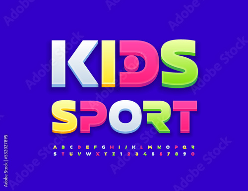 Vector colorful emblem Kids Sport. Creative 3D Font. Bright set of Alphabet Letters and Numbers