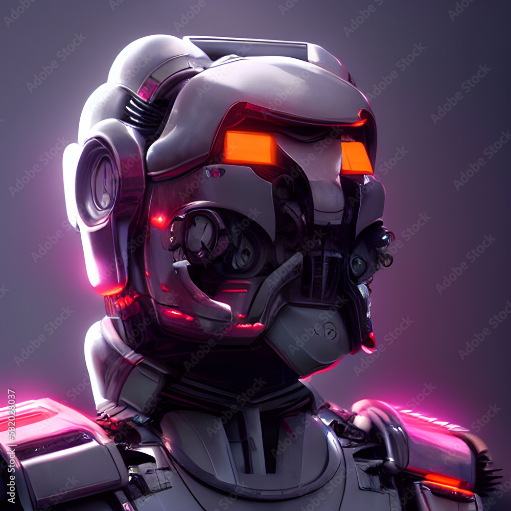 A high-tech cyberpunk robot stands in the middle of a crowded room, its red eyes shining brightly in the darkness. It stands tall and proud, its metal body gleaming in the dim light. It is both feared A high-tech cyberpunk robot stands in the middle of a crowded room, its red eyes shining brightly in the darkness. It stands tall and proud, its metal body gleaming in the dim light. It is both feared