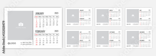 minimal Desk Calendar template for the year 2023 A set of pages for 12 months and cover page of 2023 Vector illustration