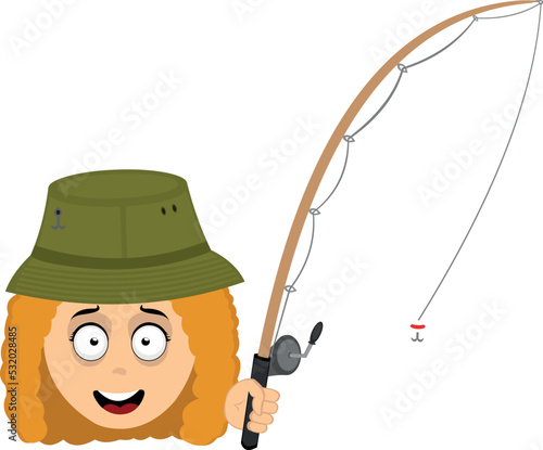 Vector illustration of the face of a fisherwoman with a hat and a fishing rod in hand