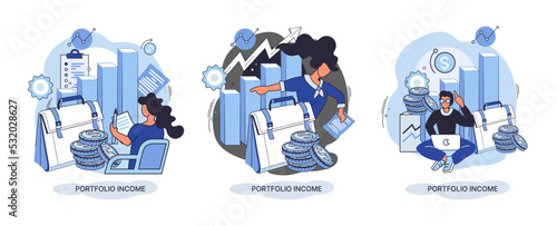 Investment portfolio income dollars currency, buy sell trading, market exchange value metaphor, businessman investor or trader balance portfolio with coins. Financiers analyzing stock market profit