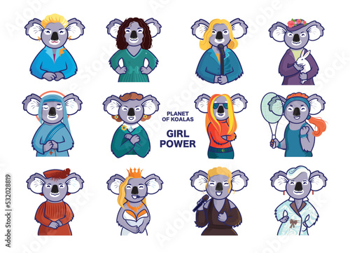 Photography The set portraits of cartoon koalas. Collection Girl power