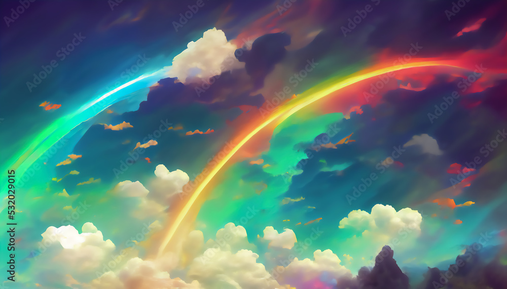 Rainbow of Enlightenment Through the Clouds. Abstract arrangement of surreal colors and textures of sunset and sunrise on the theme of landscape painting, imagination, creativity and art