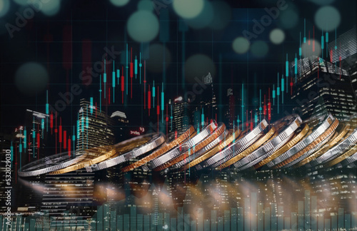 Double exposure of city Graphs and rows of coins for money, finance and business concept. 