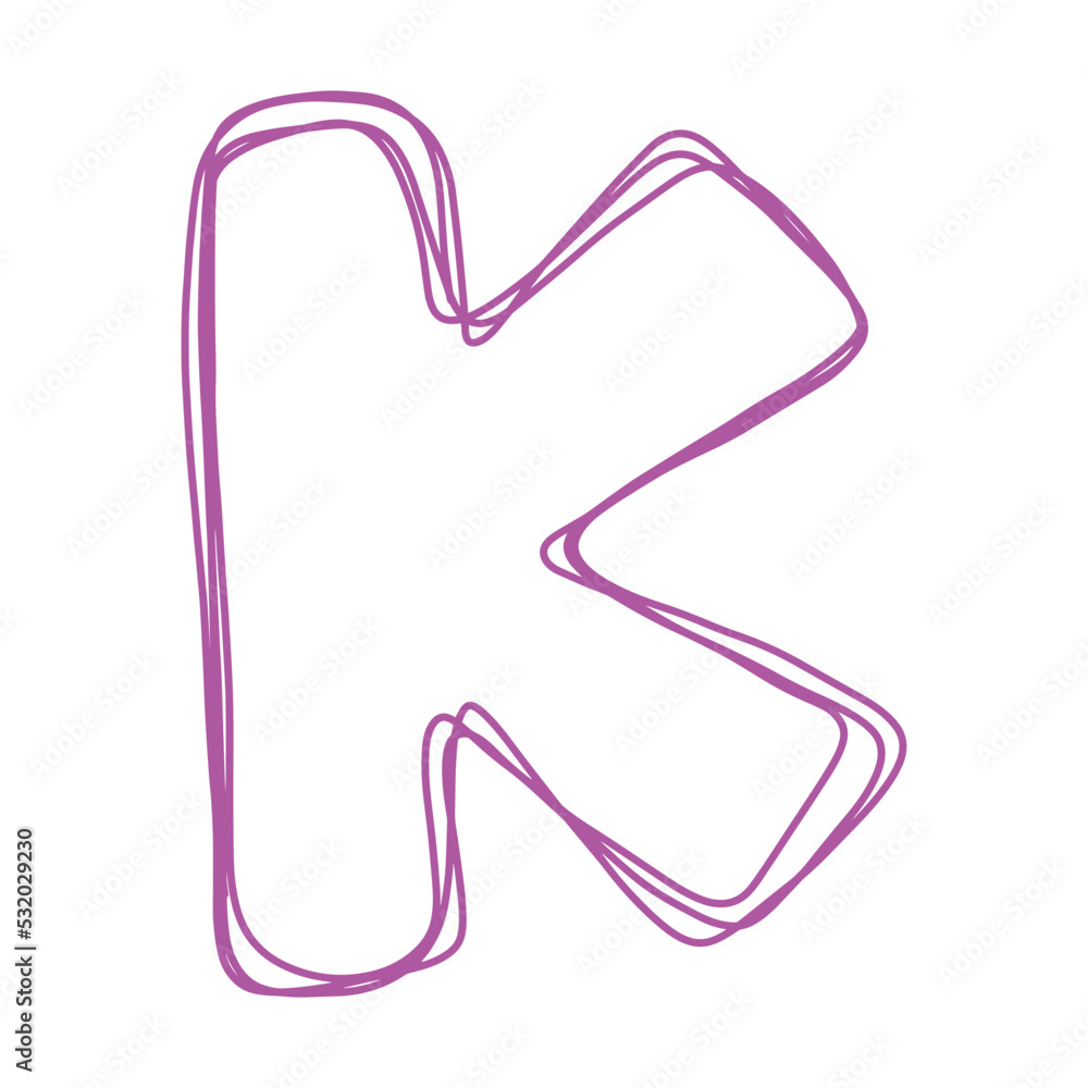 Alphabet K letter hand drawn outline stroke drawing illustration