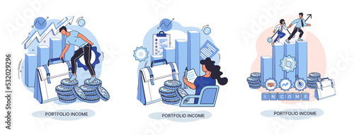 Investment portfolio income dollars currency, buy sell trading, market exchange value metaphor, businessman investor or trader balance portfolio with coins. Financiers analyzing stock market profit