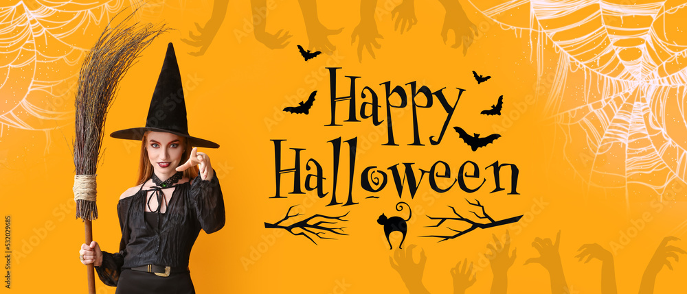 Advertising banner for Halloween party with young witch - obrazy, fototapety, plakaty 
