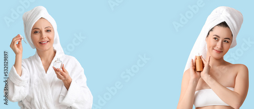 Women using cosmetic serum ...