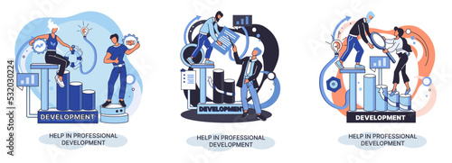 Help in professional development metaphor. Qualified employee training program. Refresher course. Human resource management organization. Business education workshop. School personality growth in team