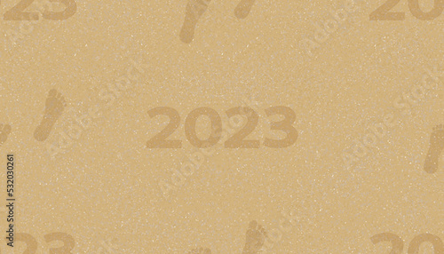 Seamless pattern 2023 Footprints on brown sand beach background. Vector illustration top view pattern foot steps walking forward on sea sand texture.