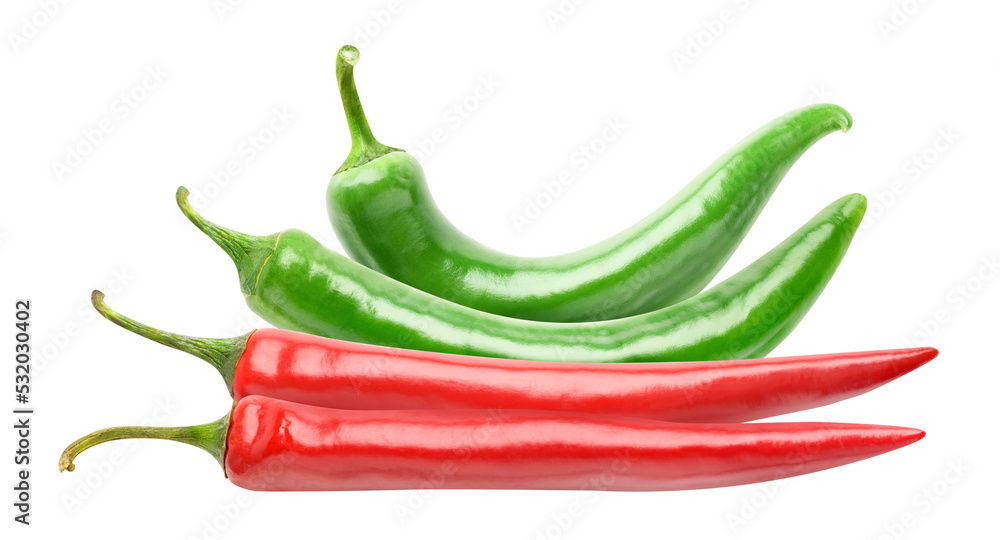 Pile of red and green hot chili peppers cut out - obrazy, fototapety, plakaty 